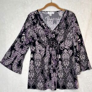 Y2K Boho Bell Sleeve Purple Paisley Beaded Top L Romantic Whimsigoth Artsy